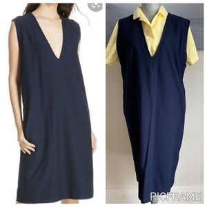 Eileen Fisher | v neck navy shift dress-pockets